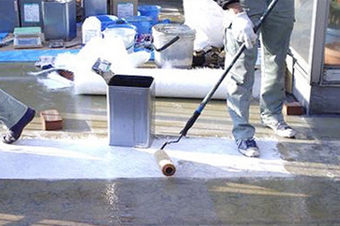 FRP防水 ガラスマット転圧作業